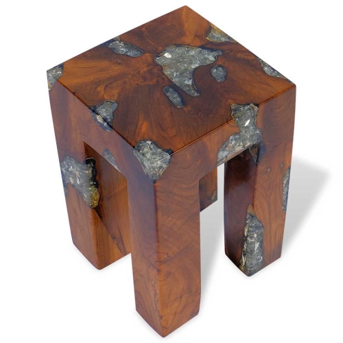 vidaXL Solid Teak Wood Stool, Transparent Resin with Crushed Glass, 11.8" x 11.8" x 15.7" Brown