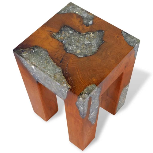 vidaXL Solid Teak Wood Stool, Transparent Resin with Crushed Glass, 11.8" x 11.8" x 15.7" Brown