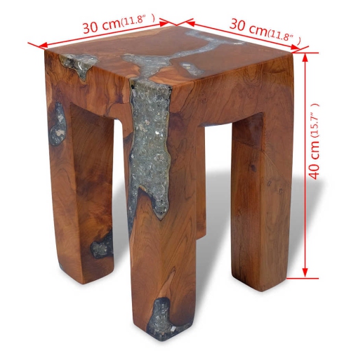 vidaXL Solid Teak Wood Stool, Transparent Resin with Crushed Glass, 11.8" x 11.8" x 15.7" Brown