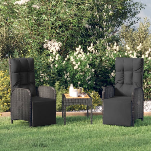 Chaises inclinables d'extérieur vidaXL avec coussins, 2 pièces en poly rotin noir
