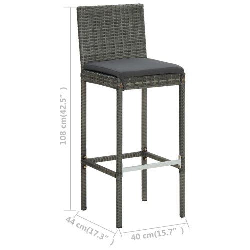 vidaXL Garden Bar Stools with Cushions 2 pcs Grey Poly Rattan