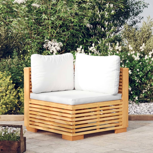 Sofa de coin de jardin avec coussins crème en teck massif
