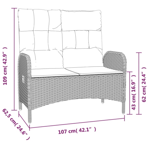 vidaXL Reclining Garden Bench with Cushions 107 cm Poly Rattan Grey