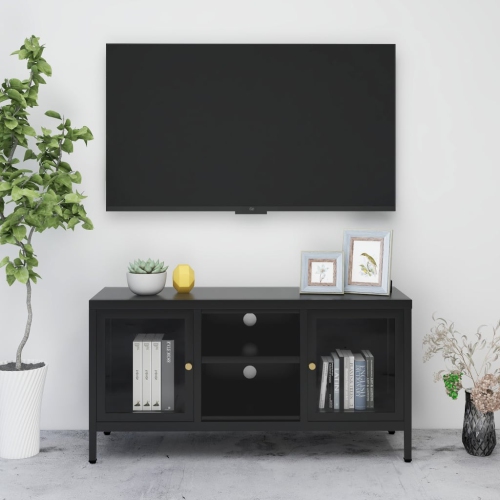 VIDAXL  Tv Cabinet 41.3"x13.7"x20.4" Steel And Glass In Black