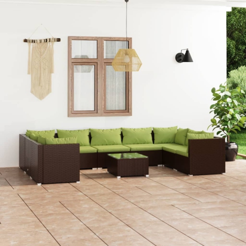 Ensemble patio 10 pièces avec coussins en poly rotin brun vidaXL