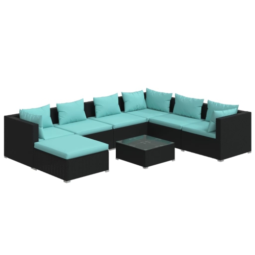 Image 1 de 10.. Ensemble patio 8 pièces avec coussins en poly rotin noir vidaXL