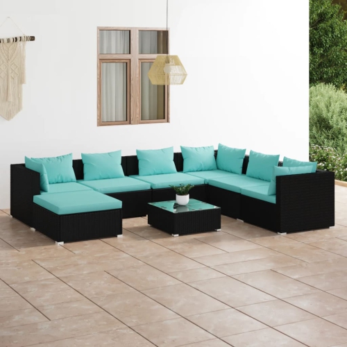 vidaXL 8 Piece Garden Lounge Set with Cushions Poly Rattan Black