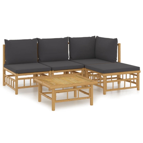 Image 1 of 9.. vidaXL 5 Piece Garden Lounge Set with Dark Grey Cushions Bamboo