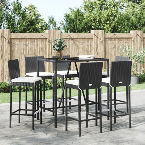 vidaXL 7 Piece Garden Bar Set with Cushions Black Poly Rattan