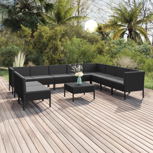 Ensemble patio 11 pièces avec coussins en poly rotin noir vidaXL