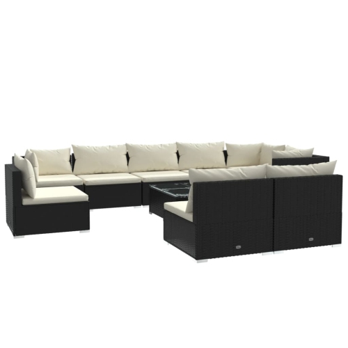 Image 1 of 7.. vidaXL 10 Piece Garden Lounge Set with Cushions Poly Rattan Black