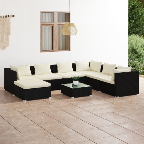 Ensemble patio 8 pièces avec coussins en poly rotin noir vidaXL
