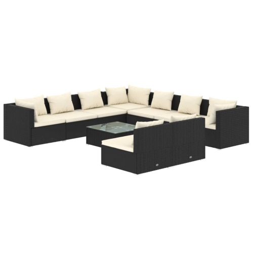 Image 1 of 7.. vidaXL 10 Piece Garden Lounge Set with Cushions Black Poly Rattan