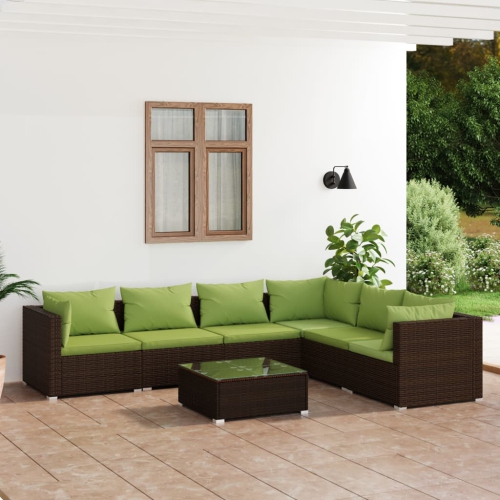 Ensemble patio 7 pièces avec coussins en poly rotin brun vidaXL