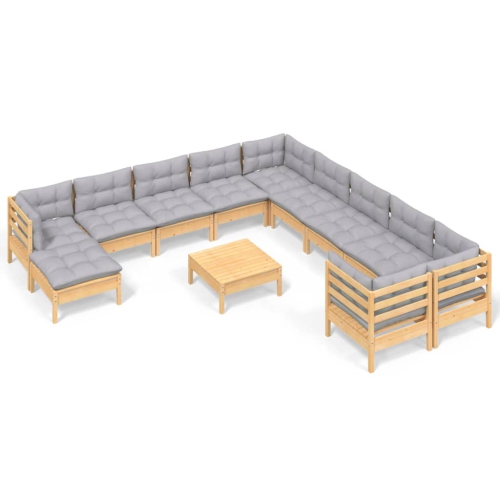 Image 1 of 7.. vidaXL 12 Piece Garden Lounge Set with Grey Cushions Pinewood