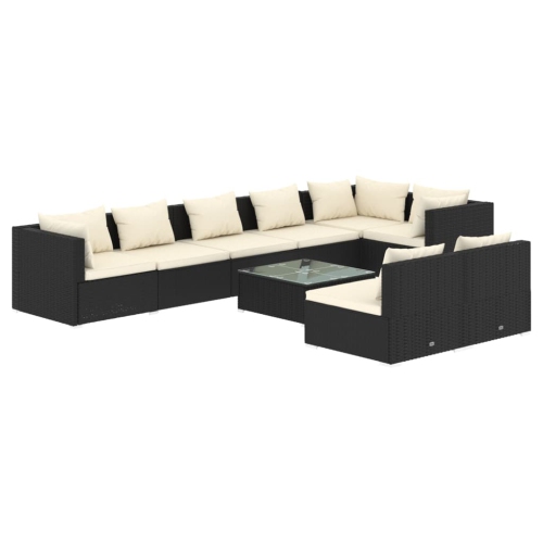Image 1 of 7.. vidaXL 9 Piece Garden Lounge Set with Cushions Black Poly Rattan