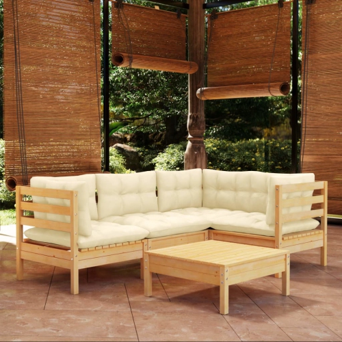 vidaXL 5 Piece Garden Lounge Set with Cream Cushions Pinewood