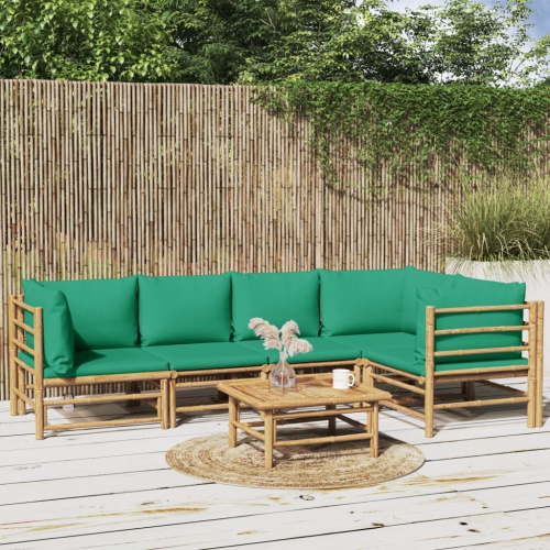 Ensemble de salon de jardin de 6 pièces avec coussins verts en bambou
