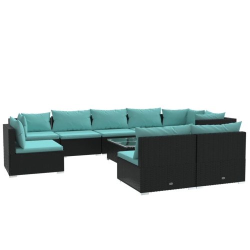Image 1 of 7.. vidaXL 10 Piece Garden Lounge Set with Cushions Poly Rattan Black