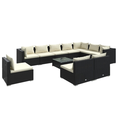 Image 1 of 7.. vidaXL 11 Piece Garden Lounge Set with Cushions Poly Rattan Black