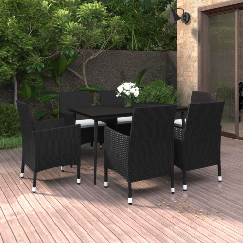 vidaXL 7 Piece Garden Dining Set with Cushions Poly Rattan and Glass
