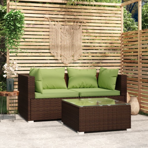 Ensemble de salon de jardin de 3 pièces avec coussins en poly rotin brun vidaXL