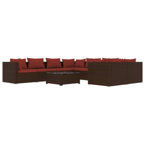 Image 1 de 10.. Ensemble patio 9 pièces avec coussins en poly rotin brun vidaXL