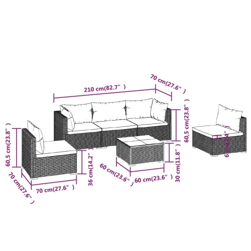 vidaXL 6 Piece Garden Lounge Set with Cushions Poly Rattan Grey