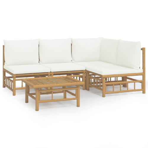 Image 1 of 7.. vidaXL 5 Piece Garden Lounge Set with Cream White Cushions Bamboo