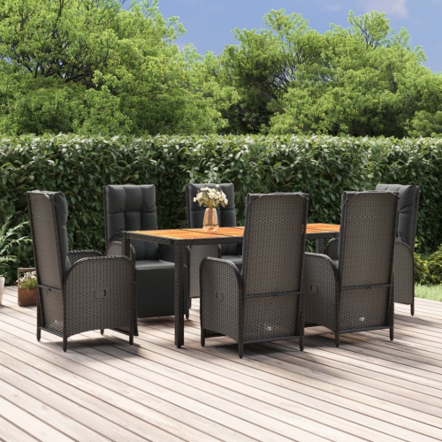 vidaXL 7 Piece Garden Dining Set with Cushions Black Poly Rattan