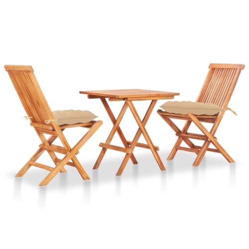 vidaXL 3 Piece Bistro Set with Beige Cushions Solid Teak Wood