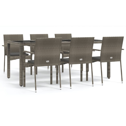 Image 1 of 9.. vidaXL 7 Piece Garden Dining Set with Cushions Grey Poly Rattan