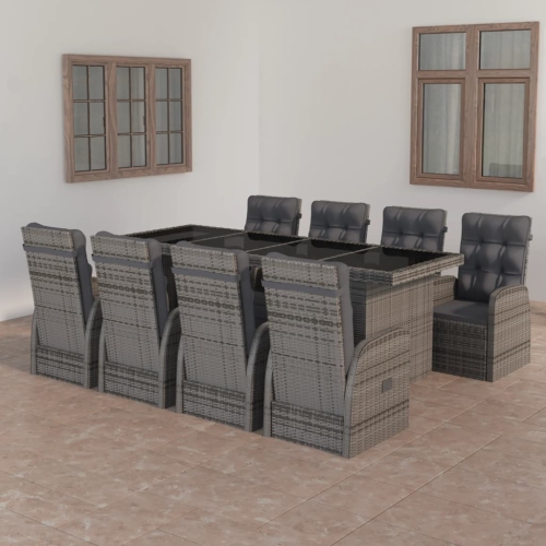 vidaXL 9 Piece Outdoor Dining Set with Cushions Poly Rattan Grey