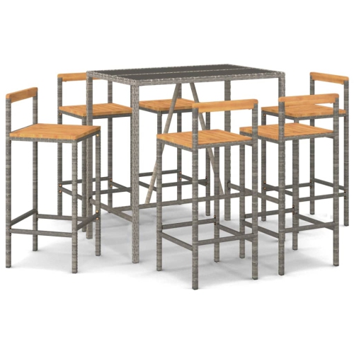 Image 1 of 6.. vidaXL 7 Piece Garden Bar Set Grey Poly Rattan& Solid Wood Acacia