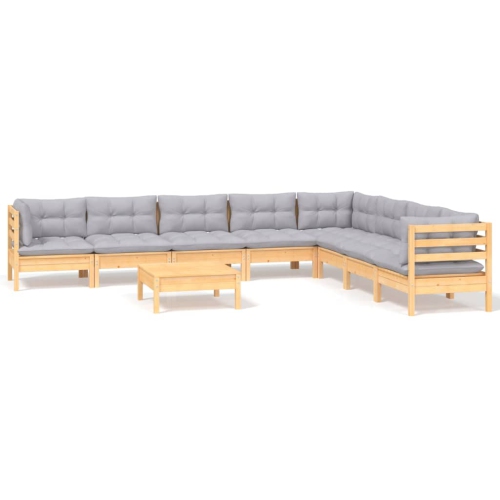 Image 1 of 7.. vidaXL 9 Piece Garden Lounge Set with Grey Cushions Solid Pinewood