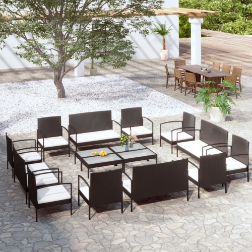 vidaXL 16 Piece Garden Lounge Set with Cushions Poly Rattan Black