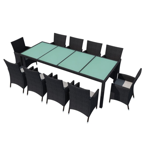 vidaXL 11 Piece Patio Dining Set with Cushions Poly Rattan Black