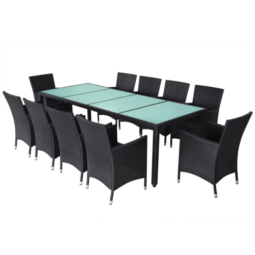 vidaXL 11 Piece Patio Dining Set with Cushions Poly Rattan Black