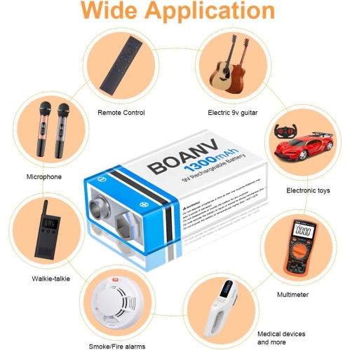 4PCS 1300mAh 9V Rechargeable Batteries, 9V Rechargeable USB Lithium Long Lasting Battery, with 2 in 1 Charging Cable,