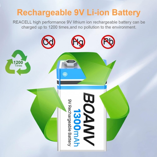 4PCS 1300mAh 9V Rechargeable Batteries, 9V Rechargeable USB Lithium Long Lasting Battery, with 2 in 1 Charging Cable,