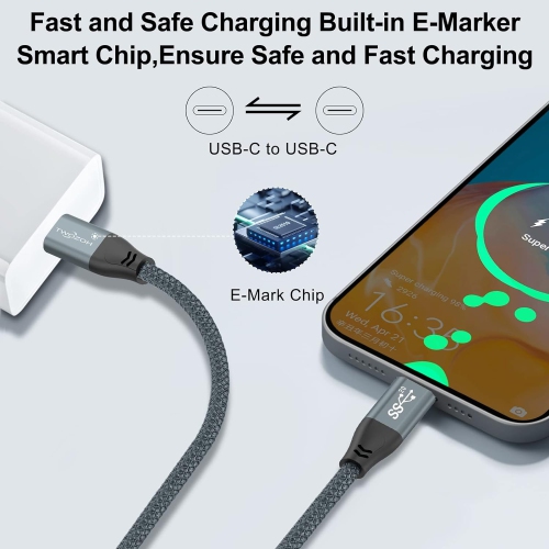 Câble USB-C de 4K pi 3 M/10FT 100 W, nylon tressé USB 3,2 20Gbp de 2 génération x 2 Gb/s, transfert de type C PD rapide