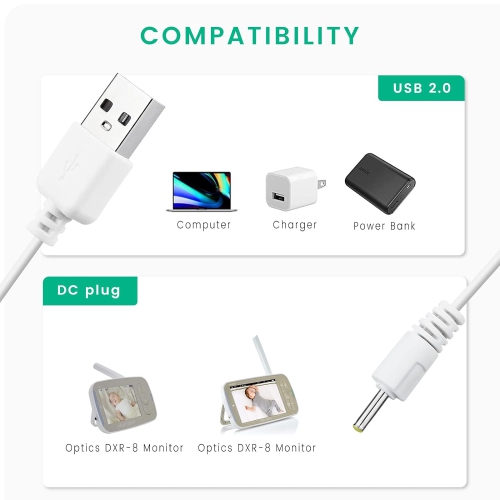 Charger Cable Replacement for Infant Optics DXR-8 / DXR8 PRO Monitor Unit, Round-Pin Power Cord 2-Pack