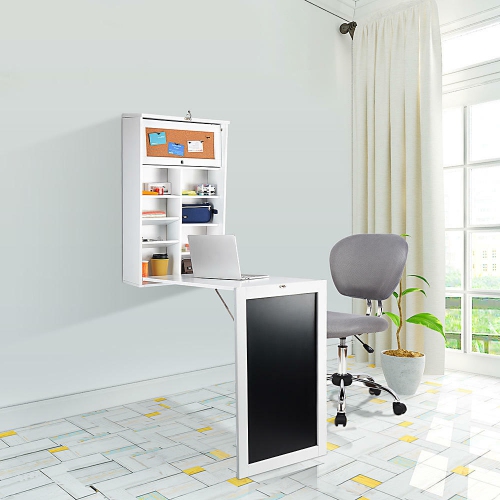 Wall Mounted Floating Desk and Wall Shelves, Fold-Out Convertible Office Desk with Chalkboard and large Storage Area Space Saver Writing Table
