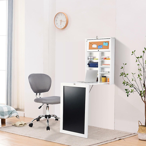 Wall Mounted Floating Desk and Wall Shelves, Fold-Out Convertible Office Desk with Chalkboard and large Storage Area Space Saver Writing Table
