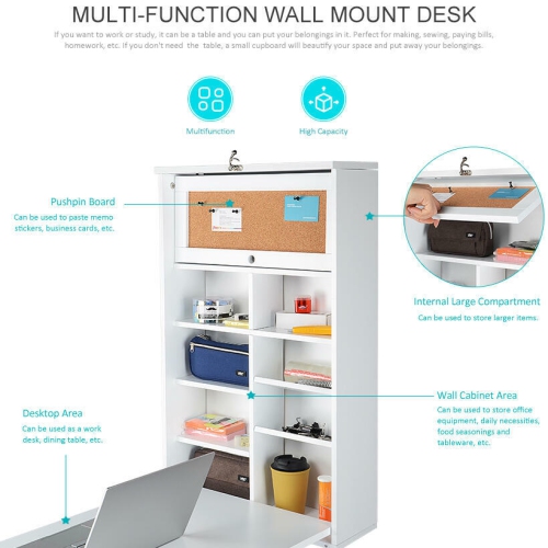 Wall Mounted Floating Desk and Wall Shelves, Fold-Out Convertible Office Desk with Chalkboard and large Storage Area Space Saver Writing Table