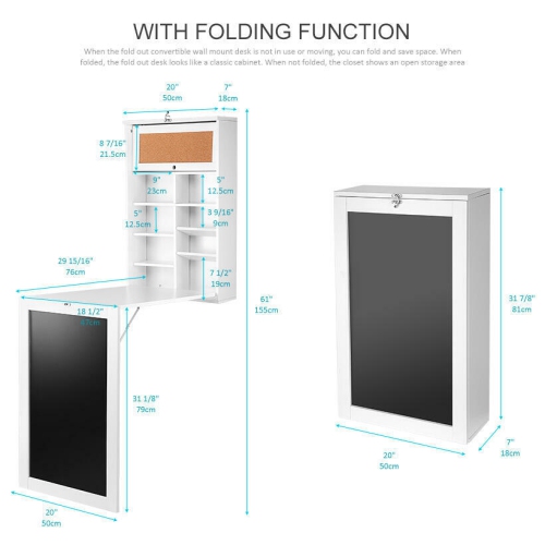 Wall Mounted Floating Desk and Wall Shelves, Fold-Out Convertible Office Desk with Chalkboard and large Storage Area Space Saver Writing Table