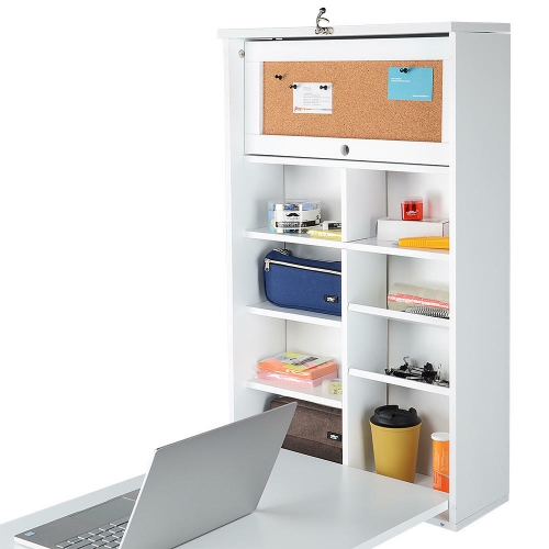 Wall Mounted Floating Desk and Wall Shelves, Fold-Out Convertible Office Desk with Chalkboard and large Storage Area Space Saver Writing Table