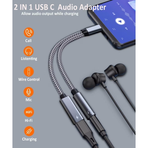 NIERBO USB C to 3.5mm Headphone and Charger Adapter, 2 in 1 Type C to Aux Audio Jack PD 60W Fast Charge Dongle Fit with Galaxy S23 S22 S21 Ultra S20,