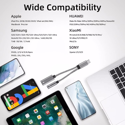 NIERBO USB C to 3.5mm Headphone and Charger Adapter, 2 in 1 Type C to Aux Audio Jack PD 60W Fast Charge Dongle Fit with Galaxy S23 S22 S21 Ultra S20,