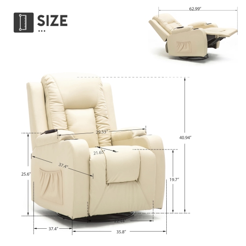 Fauteuil inclinable ComHoma, divan berçant en cuir pu avec massage chauffant, blanc crème